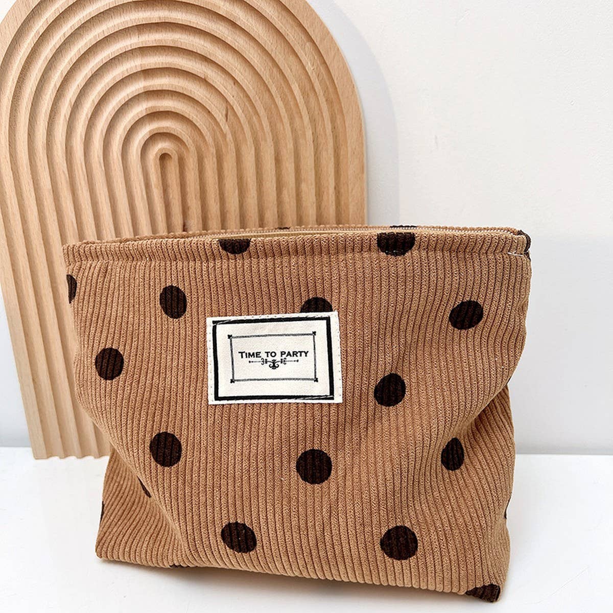 CORDUROY RETRO POLKA DOT MAKEUP BAG STORAGE BAG: COFFEE