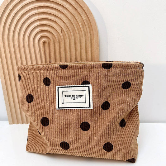 CORDUROY RETRO POLKA DOT MAKEUP BAG STORAGE BAG: COFFEE