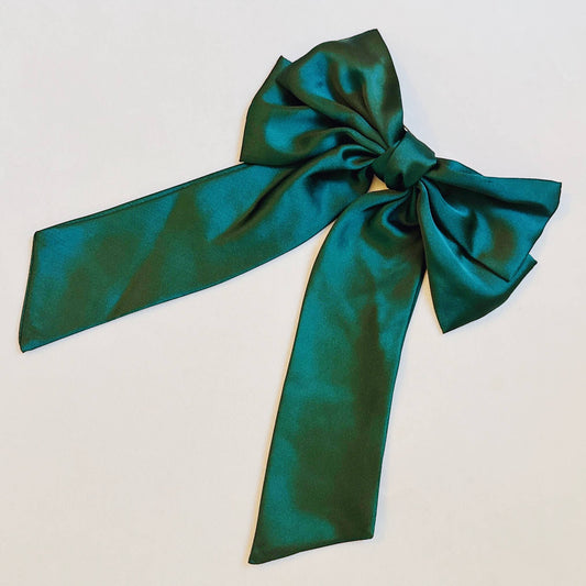 Doubled Satin Bow Hair Clip: Emerald